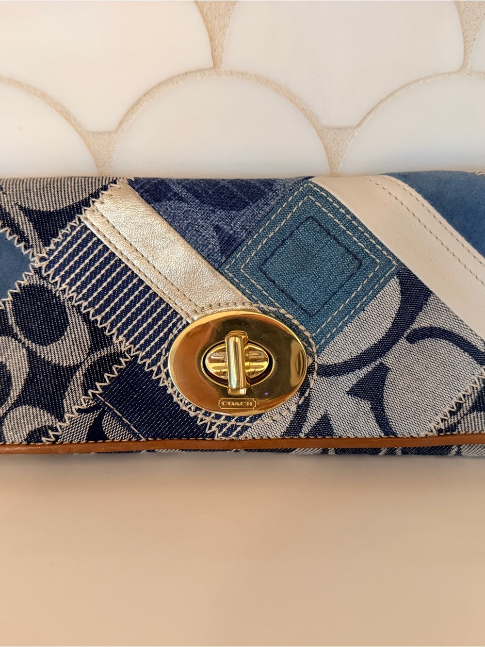 Coach Patchwork Denim and White Leather Turnlock Clutch with Gold Hardware